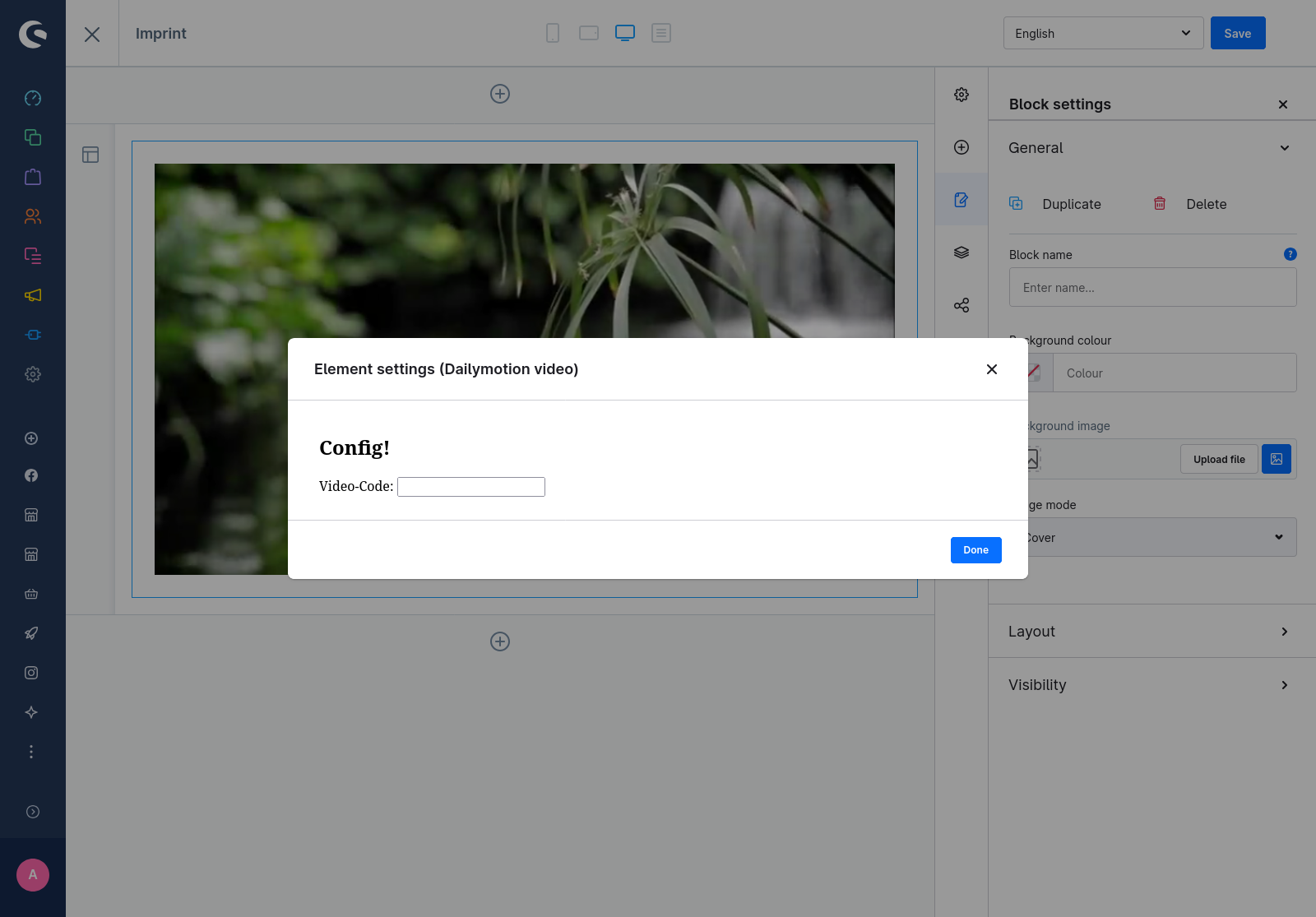 The image shows the configuration modal for a dailymotion video CMS element. The modal contains one text input for the Dailymotion video ID, a caption for the input and a title.