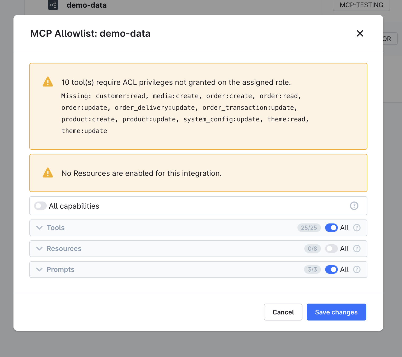 Privilege gap warnings on the Edit MCP Allowlist modal