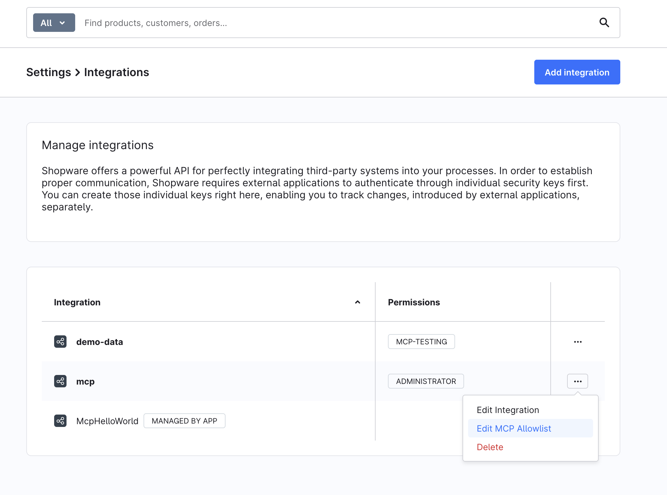 Edit MCP Allowlist action in the Integrations list